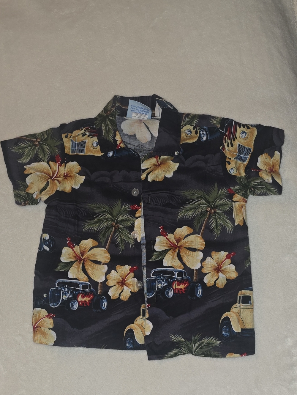 Kids Black Tropical Button-Down Shirt with Yellow Hibiscus